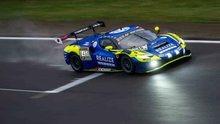 The Ferrari 296 GT3 Evo26 with starting number 45 from the REALIZE KONDO RACING with Rinaldi team with drivers David Perel, Dennis Marschall, Thierry Vermeulen and Thomas Neubauer drives during Qualifying 2 on the Nürburgring Grand Prix circuit Nürburg Rheinland Pfalz Germany