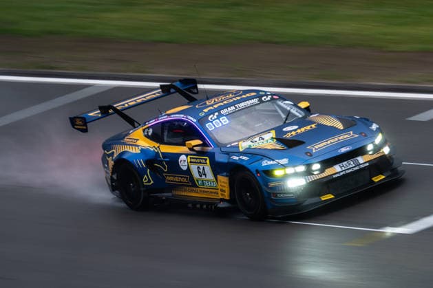 The Ford Mustang GT3 with starting number 64 from the HRT Ford Racing team with drivers Dennis Olsen, Christopher Mies, Frederic Vervisch and Arjun Maini drives during Qualifying 2 on the Nürburgring Grand Prix circuit Nürburg Rheinland Pfalz Germany