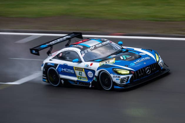 The Mercedes AMG GT3 with starting number 47 from the KCMG team with drivers Nirei Fukuzumi, Naoya Gamou, Jesse Krohn and David Pittard drives during Qualifying 2 on the Nürburgring Grand Prix circuit Nürburg Rheinland Pfalz Germany