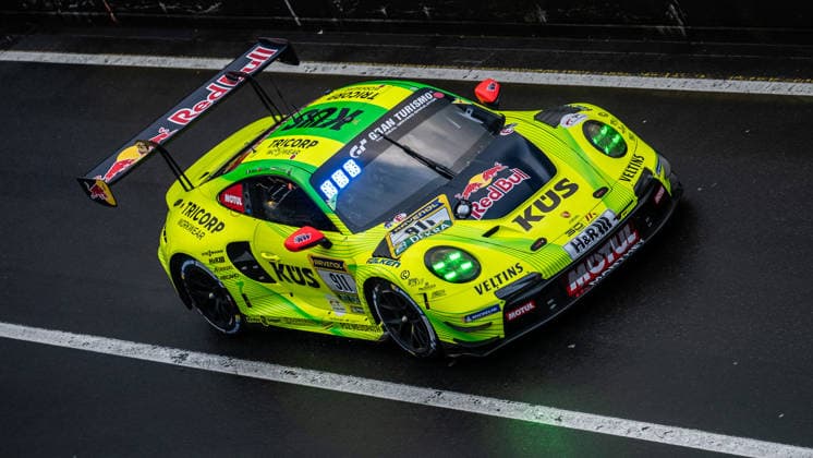 The Porsche 911 GT3 R 992 Evo26 with starting number 911 from Team Manthey with drivers Kevin Estre, Ayhancan Güven and Thomas Preining drives in the pit lane of the Nürburgring Nürburg Rhineland-Palatinate Germany during Qualifying 2