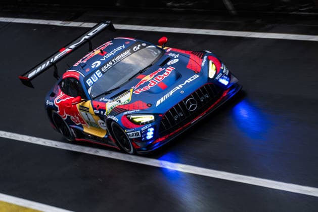 The Mercedes AMG GT3 with starting number 3 from Mercedes AMG Team Verstappen Racing with drivers Max Verstappen, Lucas Auer, Jules Gounon and Daniel Juncadella drives in the pit lane of the Nürburgring Nürburg Rhineland-Palatinate Germany during Qualifying 2