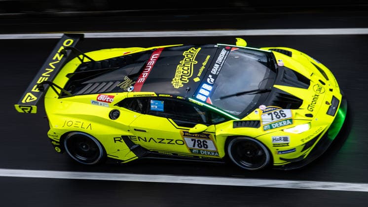 The Lamborghini Huracan GT3 EVO2 with starting number 786 from the Renazzo Motorsport team with drivers Sak Nana, Christoph Breuer, Dieter Schmidtmann and Thomas Mutsch drives in the pit lane of the Nürburgring Nürburg Rhineland-Palatinate Germany during Qualifying 2