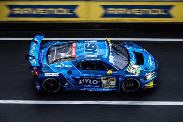 The Audi R8 LMS GT3 evo II with starting number 16 from the Scherer Sport PHX team with drivers Christopher Haase, Alexander Sims and Ben Green drives in the pit lane of the Nürburgring Nürburg Rheinland Pfalz Germany during Qualifying 2