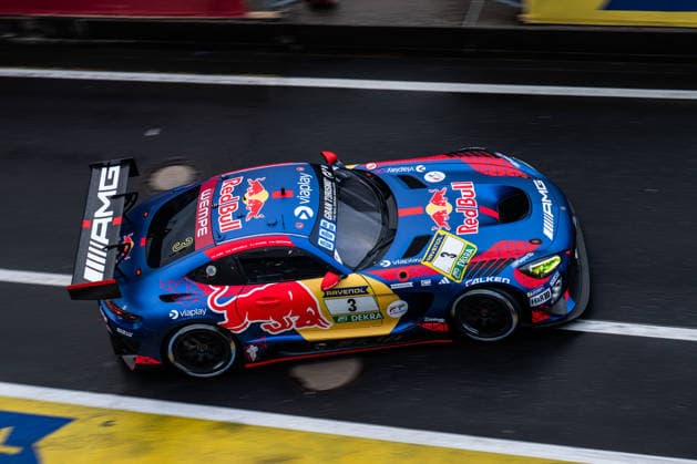 The Mercedes AMG GT3 with starting number 3 from Mercedes AMG Team Verstappen Racing with drivers Max Verstappen, Lucas Auer, Jules Gounon and Daniel Juncadella drives in the pit lane of the Nürburgring Nürburg Rhineland-Palatinate Germany during Qualifying 2