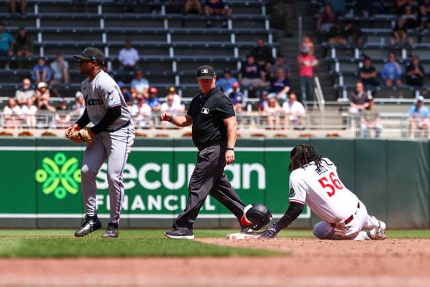 May 14, 2026, Minneapolis, Minnesota, USA: Minnesota Twins first baseman JOSH BELL (56) slides safely into second base for a RBI double during a MLB, Baseball Herren, USA Baseball game between the Miami Marlins and the Minnesota Twins at Target Field in Minneapolis, Minnesota on May 14th, 2026. ZUMA Press Wire. Minneapolis USA - ZUMAg254 20260514_zsp_g254_061 Copyright: xStevenxGarciax