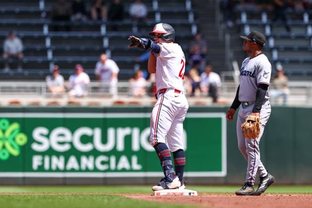 May 14, 2026, Minneapolis, Minnesota, USA: Minnesota Twins shortstop BROOKS LEE (22) celebrates a double in the first inning during a MLB, Baseball Herren, USA Baseball game between the Miami Marlins and the Minnesota Twins at Target Field in Minneapolis, Minnesota on May 14th, 2026. ZUMA Press Wire. Minneapolis USA - ZUMAg254 20260514_zsp_g254_063 Copyright: xStevenxGarciax