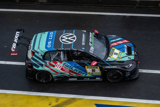 The VW Golf GTI Clubsport 24h with starting number 10 from the Max Kruse Racing team with drivers Matthias Wasel, Christoph Lenz, Max Kruse and Jens Dralle drives in the pit lane of the Nürburgring Nürburg Rhineland-Palatinate Germany during qualifying 2