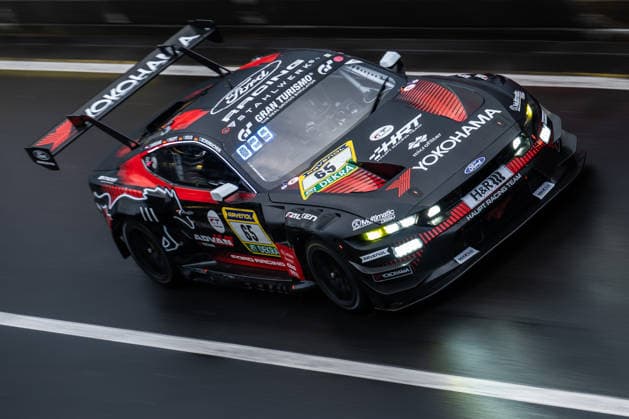 The Ford Mustang GT3 EVO 2026 with starting number 65 from the HRT Ford Racing team with drivers Hubert Haupt, Vincent Kolb, David Schumacher and Colin Caresani drives in the pit lane of the Nürburgring Nürburg Rhineland-Palatinate Germany during Qualifying 2