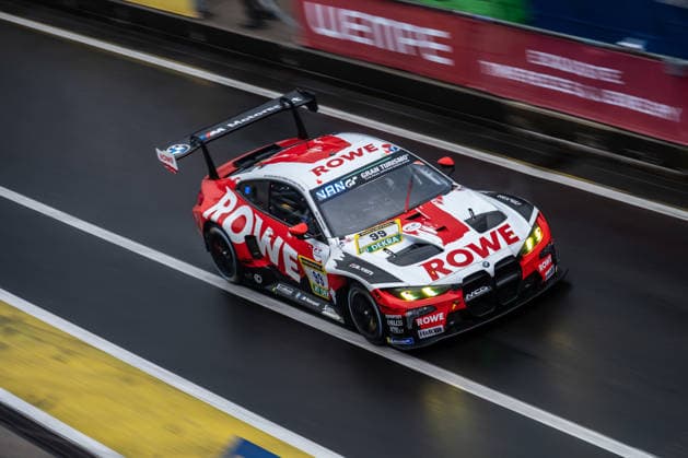 The BMW M4 GT3 EVO with starting number 99 from the ROWE RACING team with drivers Dan Harper, Max Hesse, Sheldon van der Linde and Dries Vanthoor drives in the pit lane of the Nürburgring Nürburg Rhineland-Palatinate Germany during Qualifying 2