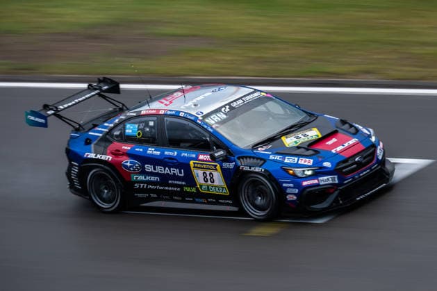 The Subaru WRX with starting number 88 from the SUBARU TECNICA INTERNATIONAL team with drivers Carlo van Dam, Kota Sasaki, Takuto Iguchi and Rintaro Kubo drives on the Grand Prix circuit of the Nürburgring Nürburg Rheinland Pfalz Germany during Qualifying 2