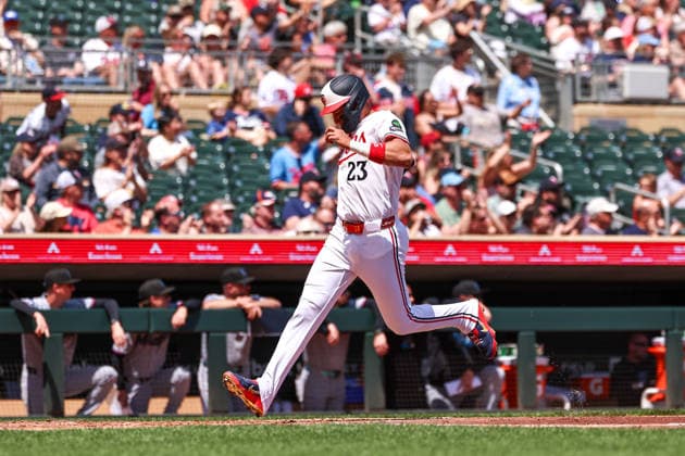 May 14, 2026, Minneapolis, Minnesota, USA: Minnesota Twins third baseman ROYCE LEWIS (23) scores on a RBI double hit by Minnesota Twins right fielder AUSTIN MARTIN (16)(not pictured) in the second inning during a MLB, Baseball Herren, USA Baseball game between the Miami Marlins and the Minnesota Twins at Target Field in Minneapolis, Minnesota on May 14th, 2026. ZUMA Press Wire. Minneapolis USA - ZUMAg254 20260514_zsp_g254_052 Copyright: xStevenxGarciax