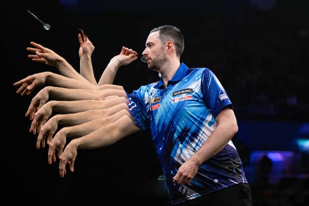 RECORD DATE NOT STATED 14th May 2026, Utilita Arena, Birmingham, Midlands, England; 2026 PDC Bet MGM Premier League Darts Night Fourteen; Multiple exposure of Luke Humphries in action on the oche in the final against Gerwyn Price GodfreyxPitt