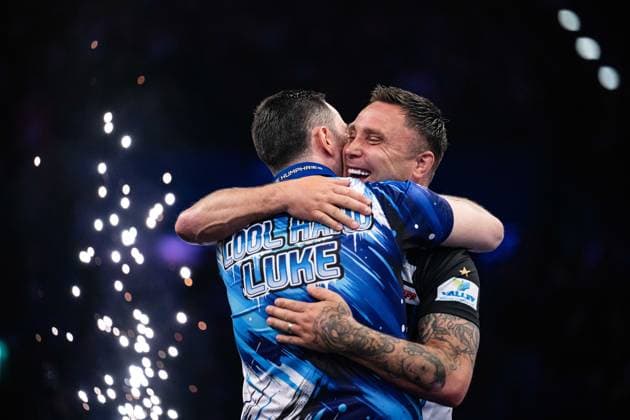 RECORD DATE NOT STATED 14th May 2026, Utilita Arena, Birmingham, Midlands, England; 2026 PDC Bet MGM Premier League Darts Night Fourteen; Gerwyn Price congratulates Luke Humphries on his victory in the final GodfreyxPitt