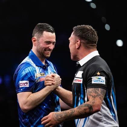 RECORD DATE NOT STATED 14th May 2026, Utilita Arena, Birmingham, Midlands, England; 2026 PDC Bet MGM Premier League Darts Night Fourteen; Gerwyn Price congratulates Luke Humphries on his victory in the final GodfreyxPitt