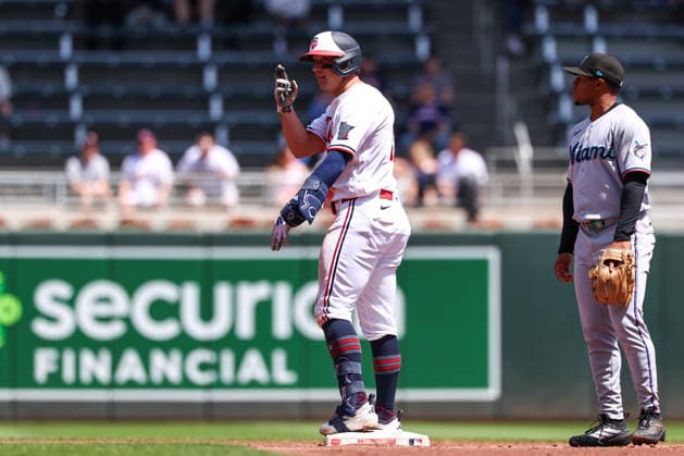 May 14, 2026, Minneapolis, Minnesota, USA: Minnesota Twins shortstop BROOKS LEE (22) celebrates a double in the first inning during a MLB, Baseball Herren, USA Baseball game between the Miami Marlins and the Minnesota Twins at Target Field in Minneapolis, Minnesota on May 14th, 2026. ZUMA Press Wire. Minneapolis USA - ZUMAg254 20260514_zsp_g254_049 Copyright: xStevenxGarciax