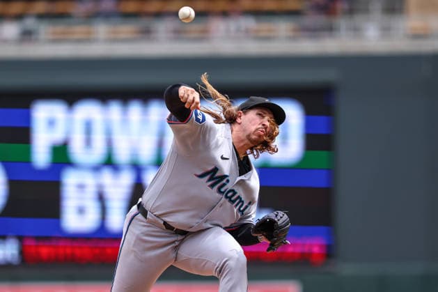 May 14, 2026, Minneapolis, Minnesota, USA: Miami Marlins pitcher LAKE BACHAR (84) pitches in the sixth inning during a MLB, Baseball Herren, USA Baseball game between the Miami Marlins and the Minnesota Twins at Target Field in Minneapolis, Minnesota on May 14th, 2026. ZUMA Press Wire. Minneapolis USA - ZUMAg254 20260514_zsp_g254_026 Copyright: xStevenxGarciax