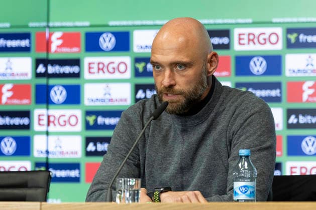 Coach Stephan LERCH WOB, mi at the press conference, disappointed, portrait, portrait, single image DFB Pokal der Frauen Finale 2026, VfL Wolfsburg WOB FC Bayern Muenchen M , final score 0 4, am 14 05 2026 in Koeln Germany DFB regulations prohibit any use of photographs as image sequences and or quasi video Â
