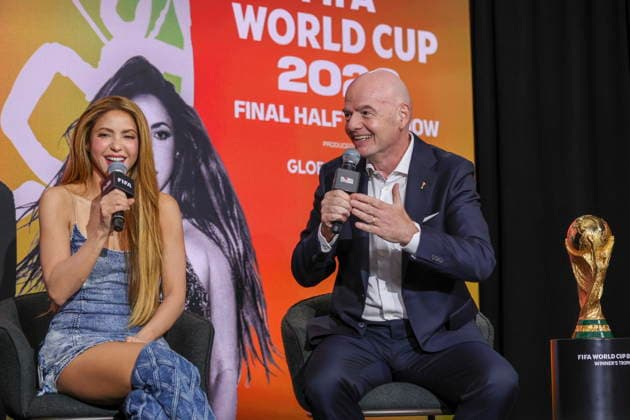 Global Citizen and FIFA announce World Cup Final Halftime Show Colombian artist Shakira (L) and FIFA President Gianni Infantino (R) speak during Global Citizen NOW in New York, New York, USA, 14 May 2026. Global Citizen and FIFA announced that the FIFA World Cup, WM, Weltmeisterschaft, Fussball Final Halftime Show on 19 July will feature Madonna, Shakira, and BTS as headliners. NEW YORK NEW YORK United States  Copyright: xSARAHxYENESELx