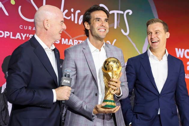 Global Citizen and FIFA announce World Cup Final Halftime Show (L-R) FIFA President Gianni Infantino, Brazilian former soccer player Kaka and CEO & Founder of Global Citizen Hugh Evans participate in a panel during Global Citizen NOW in New York, New York, USA, 14 May 2026. Global Citizen and FIFA announced that the FIFA World Cup, WM, Weltmeisterschaft, Fussball Final Halftime Show on 19 July will feature Madonna, Shakira, and BTS as headliners. NEW YORK NEW YORK United States  Copyright: xSARAHxYENESELx