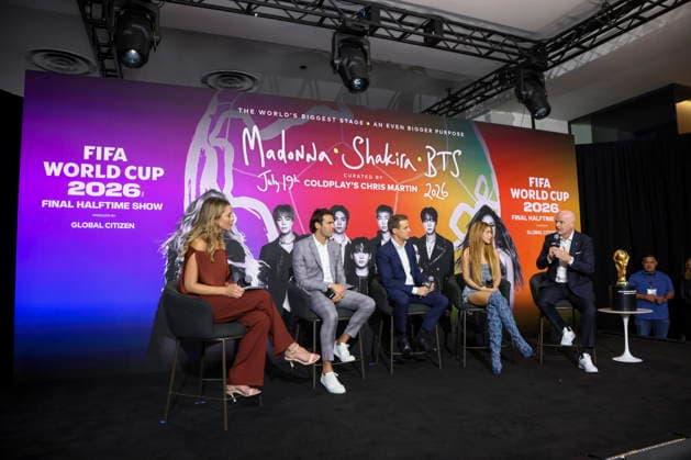 Global Citizen and FIFA announce World Cup Final Halftime Show (2-L to R) Brazilian former soccer player Kaka, CEO & Founder of Global Citizen Hugh Evans, Colombian artist Shakira and FIFA President Gianni Infantino participate in a panel during Global Citizen NOW in New York, New York, USA, 14 May 2026. Global Citizen and FIFA announced that the FIFA World Cup, WM, Weltmeisterschaft, Fussball Final Halftime Show on 19 July will feature Madonna, Shakira, and BTS as headliners. NEW YORK NEW YORK United States  Copyright: xSARAHxYENESELx