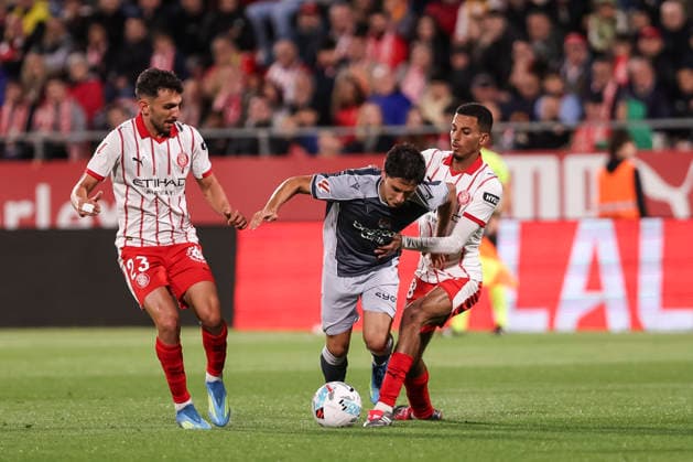 May 14, 2026, Girona, Girona, SPAIN: Pablo Marin of Real Sociedad, Ivan Martin and Azzedine Ounahi of Girona FC in action during the Spanish league, LaLiga EA Sports, football match played between Girona FC and Real Sociedad at Montilivi stadium on May 14, 2026 in Girona, Spain. Girona SPAIN - ZUMAa181 20260514_zaa_a181_141 Copyright: xJavierxBorregox