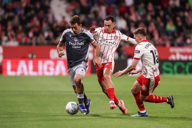 May 14, 2026, Girona, Girona, SPAIN: Mikel Oyarzabal of Real Sociedad, Arnau Martinez and Viktor Tsygankov of Girona FC in action during the Spanish league, LaLiga EA Sports, football match played between Girona FC and Real Sociedad at Montilivi stadium on May 14, 2026 in Girona, Spain. Girona SPAIN - ZUMAa181 20260514_zaa_a181_146 Copyright: xJavierxBorregox