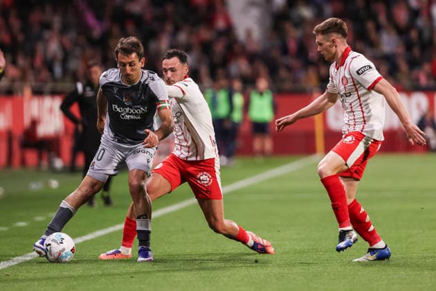 May 14, 2026, Girona, Girona, SPAIN: Mikel Oyarzabal of Real Sociedad, Arnau Martinez and Viktor Tsygankov of Girona FC in action during the Spanish league, LaLiga EA Sports, football match played between Girona FC and Real Sociedad at Montilivi stadium on May 14, 2026 in Girona, Spain. Girona SPAIN - ZUMAa181 20260514_zaa_a181_158 Copyright: xJavierxBorregox