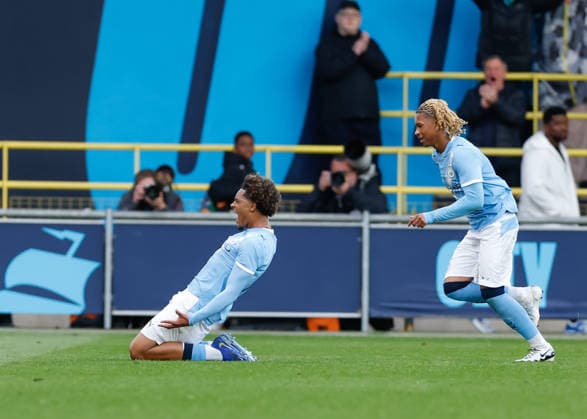 Manchester, England, 14th May 2026. Floyd Samba of Manchester City celebrates scoring their sides first goal during the Manchester City U18 vs Manchester United, ManU U18 FA Youth Cup Final match at the Academy Stadium, Manchester. Picture credit should read: Cody Froggatt Sportimage EDITORIAL USE ONLY. No use with unauthorised audio, video, data, fixture lists, club league logos or live services. Online in-match use limited to 120 images, no video emulation. No use in betting, games or single club league player publications. SPI_050_CF_MANCHESTER_CITY_U18_V_MANCHESTER_UNITED_U18 SPI-4801-0048