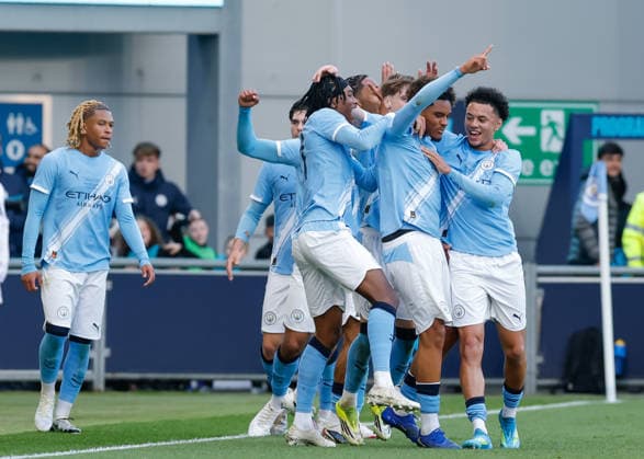 Manchester, England, 14th May 2026. Floyd Samba of Manchester City celebrates scoring their sides first goal during the Manchester City U18 vs Manchester United, ManU U18 FA Youth Cup Final match at the Academy Stadium, Manchester. Picture credit should read: Cody Froggatt Sportimage EDITORIAL USE ONLY. No use with unauthorised audio, video, data, fixture lists, club league logos or live services. Online in-match use limited to 120 images, no video emulation. No use in betting, games or single club league player publications. SPI_051_CF_MANCHESTER_CITY_U18_V_MANCHESTER_UNITED_U18 SPI-4801-0049