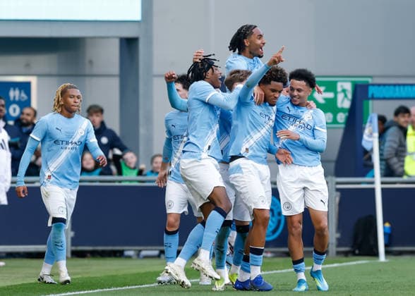Manchester, England, 14th May 2026. Floyd Samba of Manchester City celebrates scoring their sides first goal during the Manchester City U18 vs Manchester United, ManU U18 FA Youth Cup Final match at the Academy Stadium, Manchester. Picture credit should read: Cody Froggatt Sportimage EDITORIAL USE ONLY. No use with unauthorised audio, video, data, fixture lists, club league logos or live services. Online in-match use limited to 120 images, no video emulation. No use in betting, games or single club league player publications. SPI_052_CF_MANCHESTER_CITY_U18_V_MANCHESTER_UNITED_U18 SPI-4801-0050