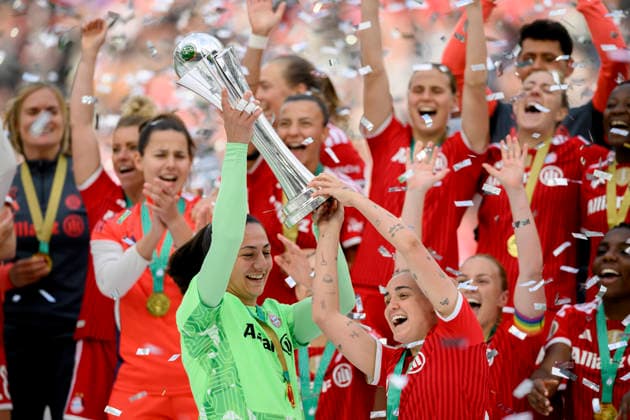 Award ceremony, cheering goalkeeper Maria Luisa GROHS M and Georgia STANWAY r M with the cup DFB Cup Womens Final 2026, VfL Wolfsburg WOB FC Bayern Muenchen M 0 4, on 14 05 2026 in Koeln Germany DFB regulations prohibit any use of photographs as image sequences and or quasi video Â