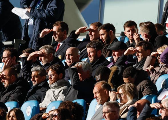 Manchester, England, 14th May 2026. Left to right, Jason Wilcox director of football, Omar Berrada chief executive officer, Michael Carrick interim head coach, Steve Holland assistant coach and Jonathan Woodgate first team coach of Manchester United, ManU are seen in the stands during the Manchester City U18 vs Manchester United U18 FA Youth Cup Final match at the Academy Stadium, Manchester. Picture credit should read: Cody Froggatt Sportimage EDITORIAL USE ONLY. No use with unauthorised audio, video, data, fixture lists, club league logos or live services. Online in-match use limited to 120 images, no video emulation. No use in betting, games or single club league player publications. SPI_053_CF_MANCHESTER_CITY_U18_V_MANCHESTER_UNITED_U18 SPI-4801-0051