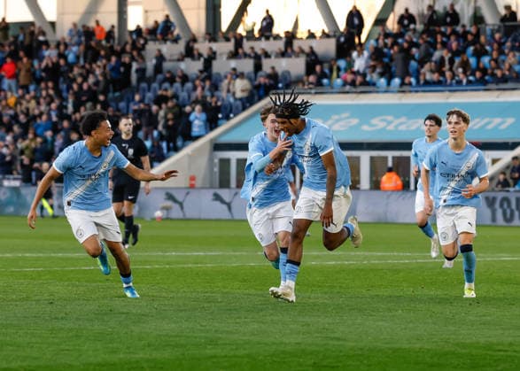 Manchester, England, 14th May 2026. Reigan Heskey of Manchester City celebrates scoring their sides second goal during the Manchester City U18 vs Manchester United, ManU U18 FA Youth Cup Final match at the Academy Stadium, Manchester. Picture credit should read: Cody Froggatt Sportimage EDITORIAL USE ONLY. No use with unauthorised audio, video, data, fixture lists, club league logos or live services. Online in-match use limited to 120 images, no video emulation. No use in betting, games or single club league player publications. SPI_055_CF_MANCHESTER_CITY_U18_V_MANCHESTER_UNITED_U18 SPI-4801-0053