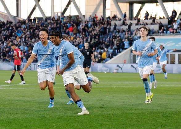 Manchester, England, 14th May 2026. Reigan Heskey of Manchester City celebrates scoring their sides second goal during the Manchester City U18 vs Manchester United, ManU U18 FA Youth Cup Final match at the Academy Stadium, Manchester. Picture credit should read: Cody Froggatt Sportimage EDITORIAL USE ONLY. No use with unauthorised audio, video, data, fixture lists, club league logos or live services. Online in-match use limited to 120 images, no video emulation. No use in betting, games or single club league player publications. SPI_056_CF_MANCHESTER_CITY_U18_V_MANCHESTER_UNITED_U18 SPI-4801-0054