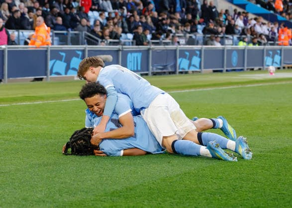 Manchester, England, 14th May 2026. Reigan Heskey of Manchester City celebrates scoring their sides second goal during the Manchester City U18 vs Manchester United, ManU U18 FA Youth Cup Final match at the Academy Stadium, Manchester. Picture credit should read: Cody Froggatt Sportimage EDITORIAL USE ONLY. No use with unauthorised audio, video, data, fixture lists, club league logos or live services. Online in-match use limited to 120 images, no video emulation. No use in betting, games or single club league player publications. SPI_057_CF_MANCHESTER_CITY_U18_V_MANCHESTER_UNITED_U18 SPI-4801-0055