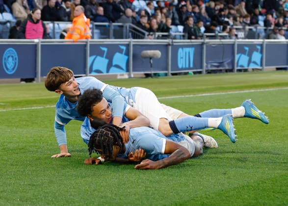 Manchester, England, 14th May 2026. Reigan Heskey of Manchester City celebrates scoring their sides second goal during the Manchester City U18 vs Manchester United, ManU U18 FA Youth Cup Final match at the Academy Stadium, Manchester. Picture credit should read: Cody Froggatt Sportimage EDITORIAL USE ONLY. No use with unauthorised audio, video, data, fixture lists, club league logos or live services. Online in-match use limited to 120 images, no video emulation. No use in betting, games or single club league player publications. SPI_058_CF_MANCHESTER_CITY_U18_V_MANCHESTER_UNITED_U18 SPI-4801-0056