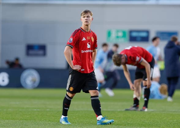 Manchester, England, 14th May 2026. Jim Thwaites of Manchester United, ManU reacts at the full time result following the Manchester City U18 vs Manchester United U18 FA Youth Cup Final match at the Academy Stadium, Manchester. Picture credit should read: Cody Froggatt Sportimage EDITORIAL USE ONLY. No use with unauthorised audio, video, data, fixture lists, club league logos or live services. Online in-match use limited to 120 images, no video emulation. No use in betting, games or single club league player publications. SPI_059_CF_MANCHESTER_CITY_U18_V_MANCHESTER_UNITED_U18 SPI-4801-0057
