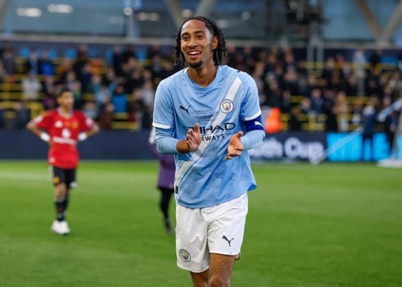 Manchester, England, 14th May 2026. Kaden Braithwaite of Manchester City celebrates the full time result following the Manchester City U18 vs Manchester United, ManU U18 FA Youth Cup Final match at the Academy Stadium, Manchester. Picture credit should read: Cody Froggatt Sportimage EDITORIAL USE ONLY. No use with unauthorised audio, video, data, fixture lists, club league logos or live services. Online in-match use limited to 120 images, no video emulation. No use in betting, games or single club league player publications. SPI_060_CF_MANCHESTER_CITY_U18_V_MANCHESTER_UNITED_U18 SPI-4801-0058