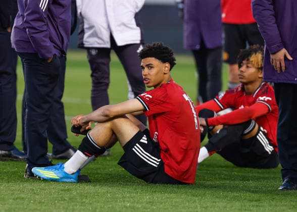 Manchester, England, 14th May 2026. Noah Ajayi of Manchester United, ManU reacts at the full time result following the Manchester City U18 vs Manchester United U18 FA Youth Cup Final match at the Academy Stadium, Manchester. Picture credit should read: Cody Froggatt Sportimage EDITORIAL USE ONLY. No use with unauthorised audio, video, data, fixture lists, club league logos or live services. Online in-match use limited to 120 images, no video emulation. No use in betting, games or single club league player publications. SPI_061_CF_MANCHESTER_CITY_U18_V_MANCHESTER_UNITED_U18 SPI-4801-0059