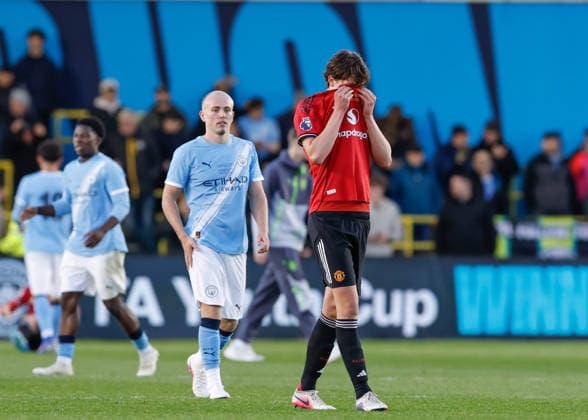 Manchester, England, 14th May 2026. Daniel Armer of Manchester United, ManU reacts at the full time result following the Manchester City U18 vs Manchester United U18 FA Youth Cup Final match at the Academy Stadium, Manchester. Picture credit should read: Cody Froggatt Sportimage EDITORIAL USE ONLY. No use with unauthorised audio, video, data, fixture lists, club league logos or live services. Online in-match use limited to 120 images, no video emulation. No use in betting, games or single club league player publications. SPI_062_CF_MANCHESTER_CITY_U18_V_MANCHESTER_UNITED_U18 SPI-4801-0060