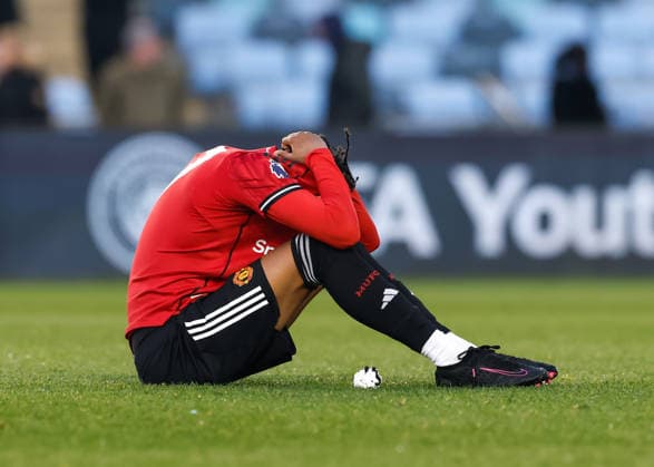 Manchester, England, 14th May 2026. Samuel Lusale of Manchester United, ManU reacts at the full time result following the Manchester City U18 vs Manchester United U18 FA Youth Cup Final match at the Academy Stadium, Manchester. Picture credit should read: Cody Froggatt Sportimage EDITORIAL USE ONLY. No use with unauthorised audio, video, data, fixture lists, club league logos or live services. Online in-match use limited to 120 images, no video emulation. No use in betting, games or single club league player publications. SPI_063_CF_MANCHESTER_CITY_U18_V_MANCHESTER_UNITED_U18 SPI-4801-0061