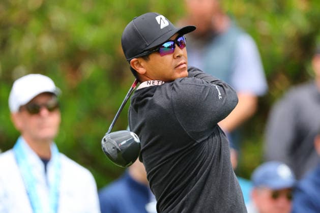 NEWTON SQUARE, PA - MAY 14: Kurt Kitayama of the United States tees off at the first tee during round 1 of the 2026 PGA, Golf Herren Championship on May 14, 2026 at Aronimink Golf Club in Newtown Square, Pennsylvania. (Photo by Rich Graessle Icon Sportswire) GOLF: MAY 14 PGA PGA Championship EDITORIAL USE ONLY Icon260514254671