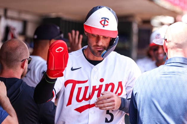 May 14, 2026, Minneapolis, Minnesota, USA: Minnesota Twins center fielder Ryan Kreidler (5) celebrates scoring on a RBI double hit by Minnesota Twins right fielder AUSTIN MARTIN (16)(not pictured) in the second inning during a MLB, Baseball Herren, USA Baseball game between the Miami Marlins and the Minnesota Twins at Target Field in Minneapolis, Minnesota on May 14th, 2026. ZUMA Press Wire. Minneapolis USA - ZUMAg254 20260514_zsp_g254_015 Copyright: xStevenxGarciax
