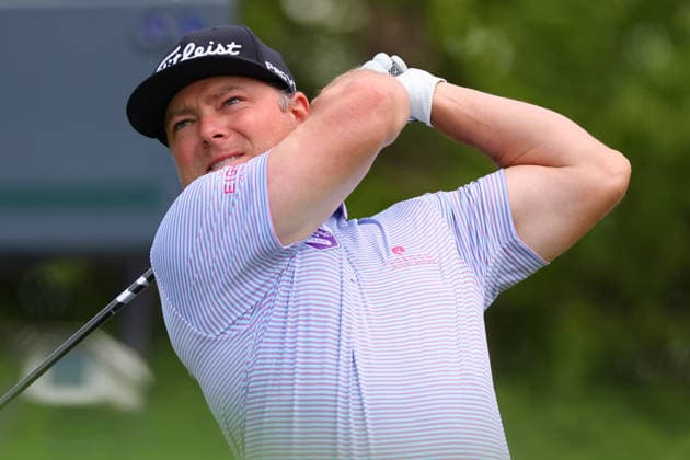 NEWTON SQUARE, PA - MAY 14: Austin Hurt of the United States tees off at the tenth tee during round 1 of the 2026 PGA, Golf Herren Championship on May 14, 2026 at Aronimink Golf Club in Newtown Square, Pennsylvania. (Photo by Rich Graessle Icon Sportswire) GOLF: MAY 14 PGA PGA Championship EDITORIAL USE ONLY Icon260514254801