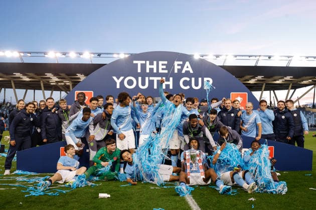 Manchester, England, 14th May 2026. Manchester City lift the FA Youth Cup following the Manchester City U18 vs Manchester United, ManU U18 FA Youth Cup Final match at the Academy Stadium, Manchester. Picture credit should read: Cody Froggatt Sportimage EDITORIAL USE ONLY. No use with unauthorised audio, video, data, fixture lists, club league logos or live services. Online in-match use limited to 120 images, no video emulation. No use in betting, games or single club league player publications. SPI_065_CF_MANCHESTER_CITY_U18_V_MANCHESTER_UNITED_U18 SPI-4801-0063