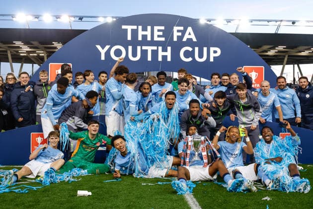 Manchester, England, 14th May 2026. Manchester City lift the FA Youth Cup following the Manchester City U18 vs Manchester United, ManU U18 FA Youth Cup Final match at the Academy Stadium, Manchester. Picture credit should read: Cody Froggatt Sportimage EDITORIAL USE ONLY. No use with unauthorised audio, video, data, fixture lists, club league logos or live services. Online in-match use limited to 120 images, no video emulation. No use in betting, games or single club league player publications. SPI_069_CF_MANCHESTER_CITY_U18_V_MANCHESTER_UNITED_U18 SPI-4801-0067