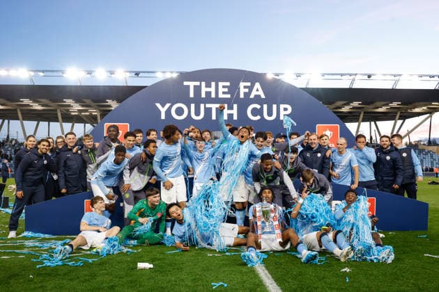 Manchester, England, 14th May 2026. Manchester City lift the FA Youth Cup following the Manchester City U18 vs Manchester United, ManU U18 FA Youth Cup Final match at the Academy Stadium, Manchester. Picture credit should read: Cody Froggatt Sportimage EDITORIAL USE ONLY. No use with unauthorised audio, video, data, fixture lists, club league logos or live services. Online in-match use limited to 120 images, no video emulation. No use in betting, games or single club league player publications. SPI_070_CF_MANCHESTER_CITY_U18_V_MANCHESTER_UNITED_U18 SPI-4801-0068