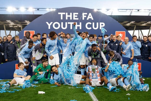 Manchester, England, 14th May 2026. Manchester City lift the FA Youth Cup following the Manchester City U18 vs Manchester United, ManU U18 FA Youth Cup Final match at the Academy Stadium, Manchester. Picture credit should read: Cody Froggatt Sportimage EDITORIAL USE ONLY. No use with unauthorised audio, video, data, fixture lists, club league logos or live services. Online in-match use limited to 120 images, no video emulation. No use in betting, games or single club league player publications. SPI_071_CF_MANCHESTER_CITY_U18_V_MANCHESTER_UNITED_U18 SPI-4801-0069