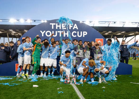 Manchester, England, 14th May 2026. Manchester City lift the FA Youth Cup following the Manchester City U18 vs Manchester United, ManU U18 FA Youth Cup Final match at the Academy Stadium, Manchester. Picture credit should read: Cody Froggatt Sportimage EDITORIAL USE ONLY. No use with unauthorised audio, video, data, fixture lists, club league logos or live services. Online in-match use limited to 120 images, no video emulation. No use in betting, games or single club league player publications. SPI_072_CF_MANCHESTER_CITY_U18_V_MANCHESTER_UNITED_U18 SPI-4801-0070