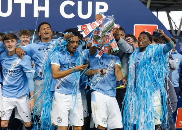 Manchester, England, 14th May 2026. Manchester City lift the FA Youth Cup following the Manchester City U18 vs Manchester United, ManU U18 FA Youth Cup Final match at the Academy Stadium, Manchester. Picture credit should read: Cody Froggatt Sportimage EDITORIAL USE ONLY. No use with unauthorised audio, video, data, fixture lists, club league logos or live services. Online in-match use limited to 120 images, no video emulation. No use in betting, games or single club league player publications. SPI_073_CF_MANCHESTER_CITY_U18_V_MANCHESTER_UNITED_U18 SPI-4801-0071